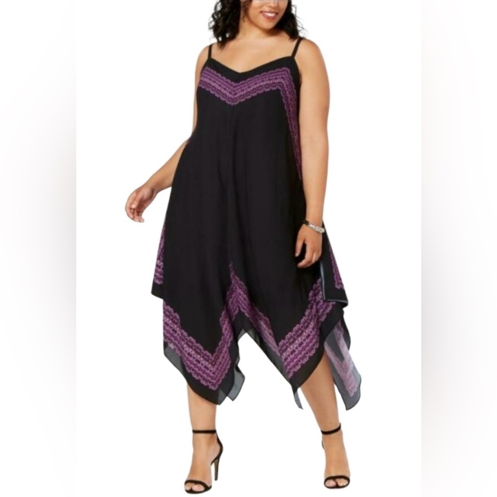 INC International Concepts Black and Purple Handkerchief Hem Dress